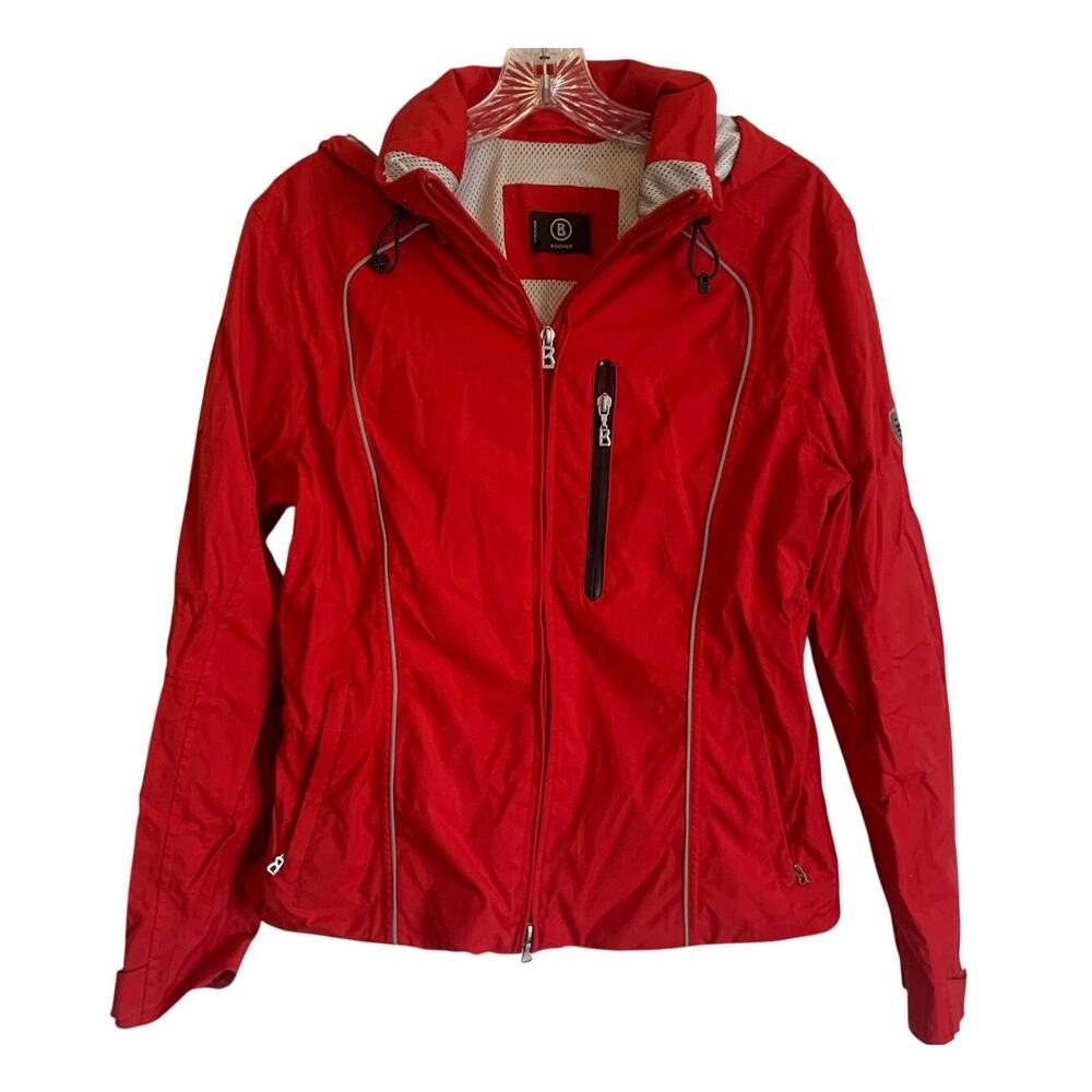 Bogner Womens Sz 10 Red Jacket Hooded Full Zip Pockets Cinch Heavy Windbreaker